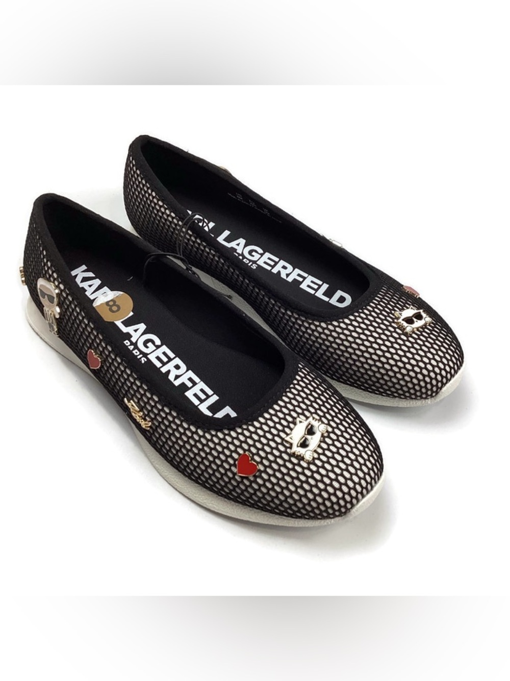 Karl Lagerfeld Paris Maleia Mesh Ballet Flats Black White Charms KL268331 Sz 8